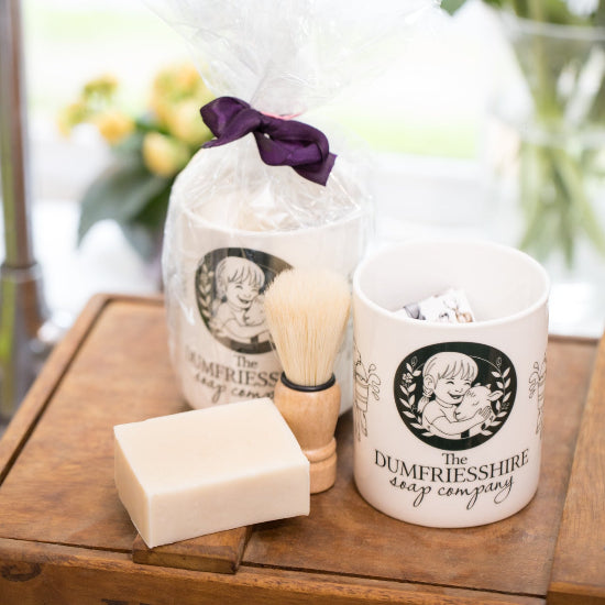Gentlemans Grooming Kit, including soap, shaving brush and Bone China Branded mug