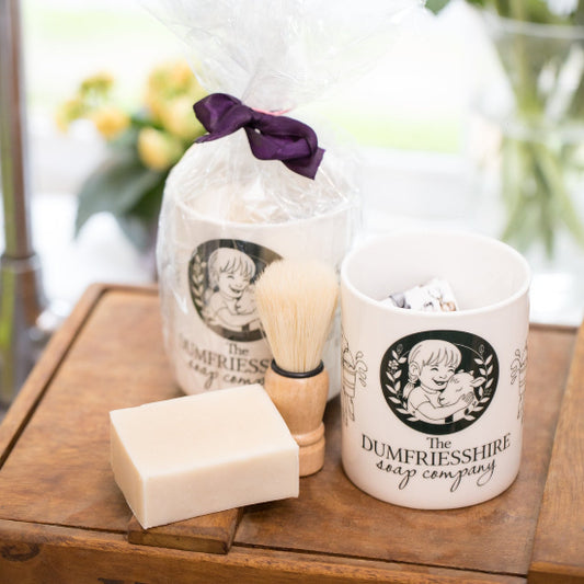 Gentlemans Grooming Kit, including soap, shaving brush and Bone China Branded mug